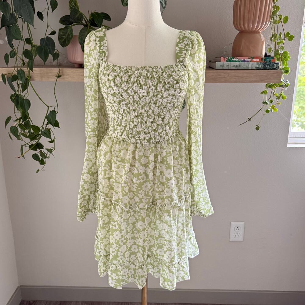 Lulus Green Floral Smocked Tiered Long Sleeve Mini Dress M Coquette Cottage